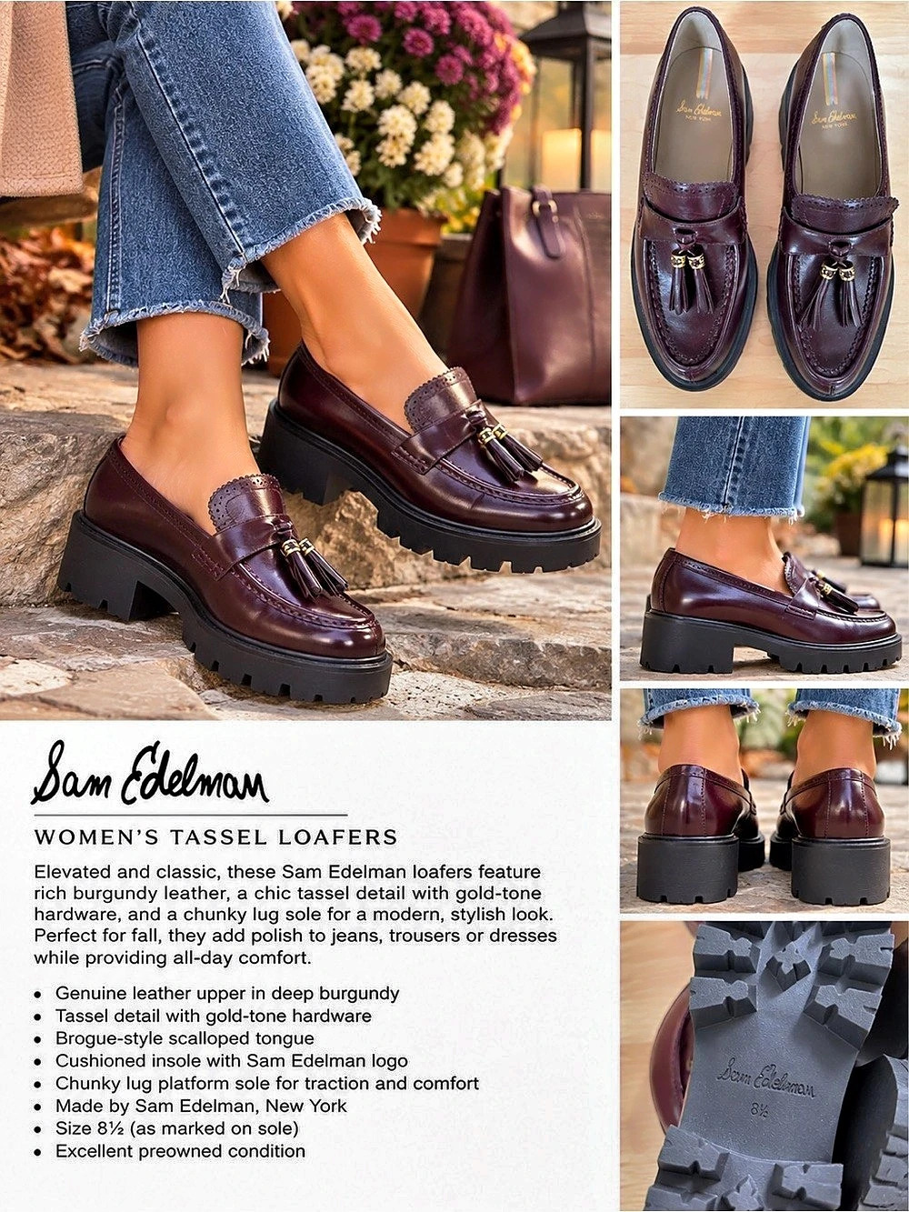 Sam Edelman Danseea Leather Tassel Platform Loafers in Burgundy